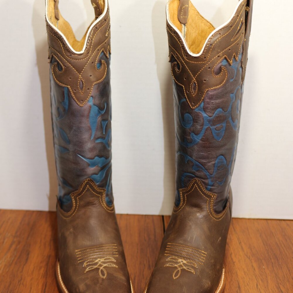 NEW IN BOX REYME WOMEN’S BLUE AND CHOCOLATE 100% LEATHER.